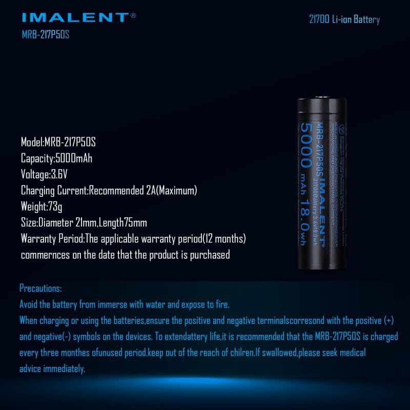IMALENT MRB-217P50S 21700 5000MAH 3.6V rechargeable Battery  