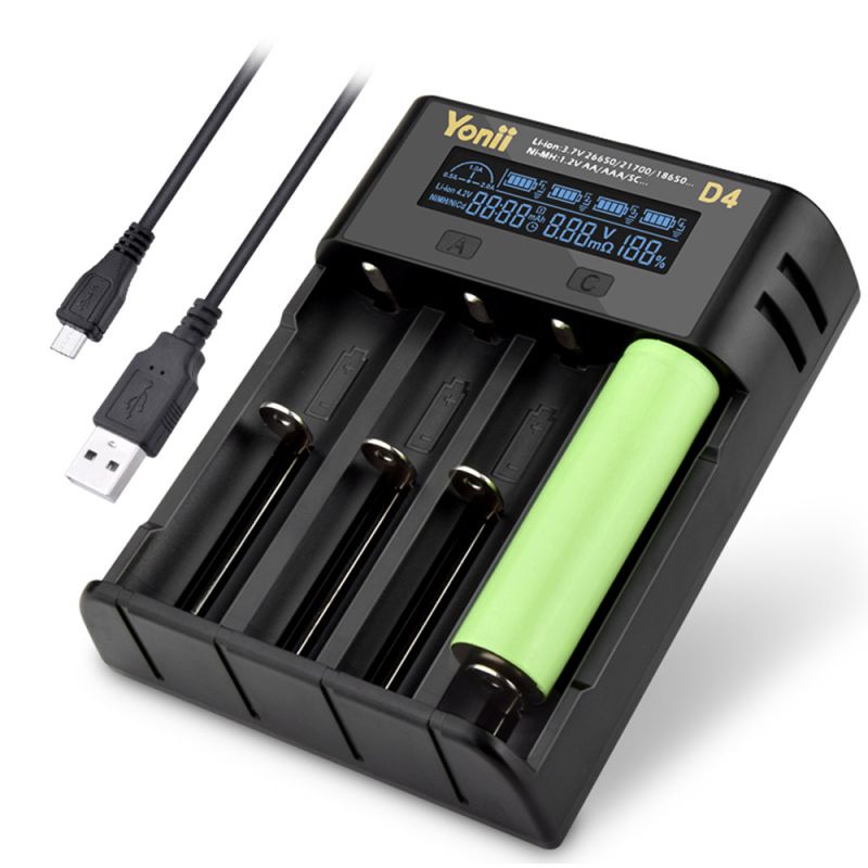 YONII D4 LCD 4 Slot 18650 Battery Charger for 18650 21700 26650 Lithium AA AAA Ni-mh Battery