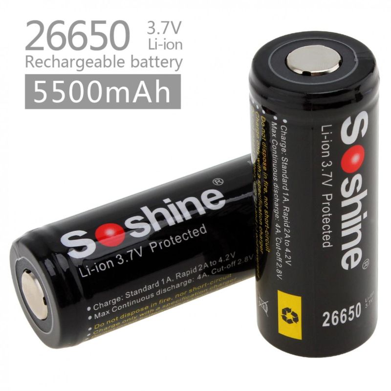 Soshine 26650 5500mAh Li-ion Rechargeable Batteries 2 Pack for Flashlights Power Tools Long-lasting Use