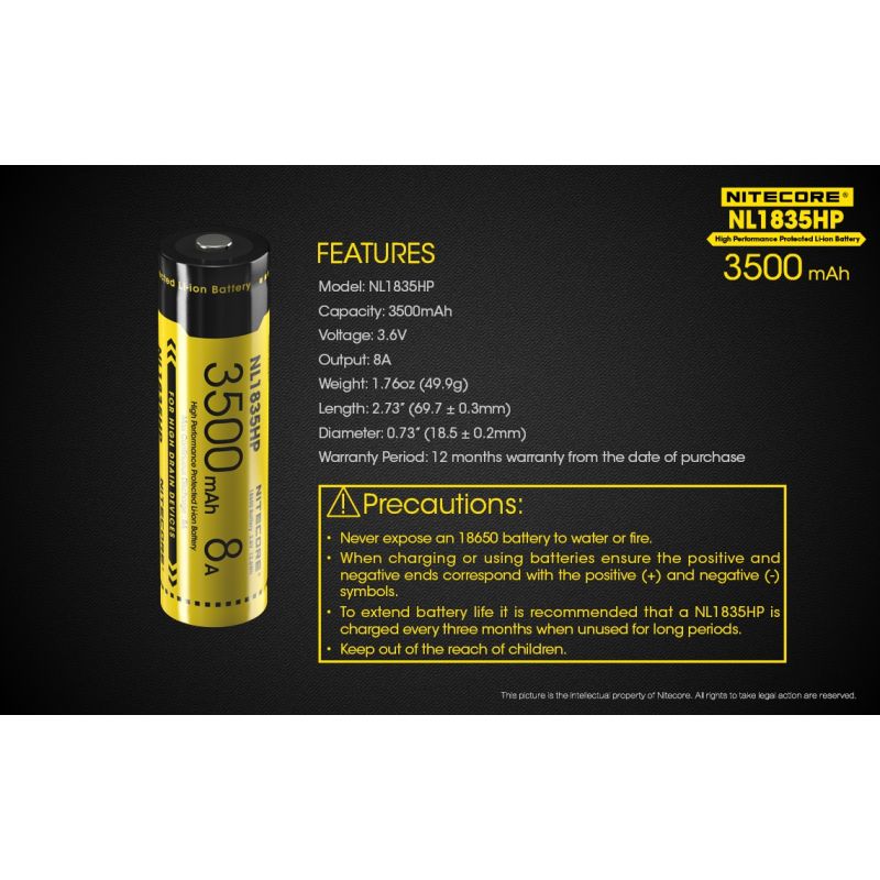 Nitecore NL1835HP 3500mAh Rechargeable 18650 Battery High Performance for Flashlight and Tech Gadgets