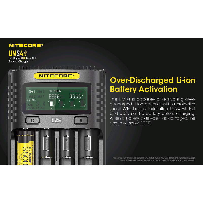Nitecore UMS4 Intelligent USB Four-Slot Fast Charger with USB-C for 18650 21700 26650 Smart Charging