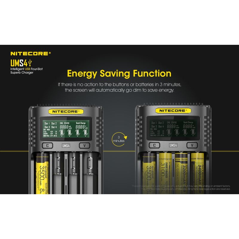 Nitecore UMS4 Intelligent USB Four-Slot Fast Charger with USB-C for 18650 21700 26650 Smart Charging