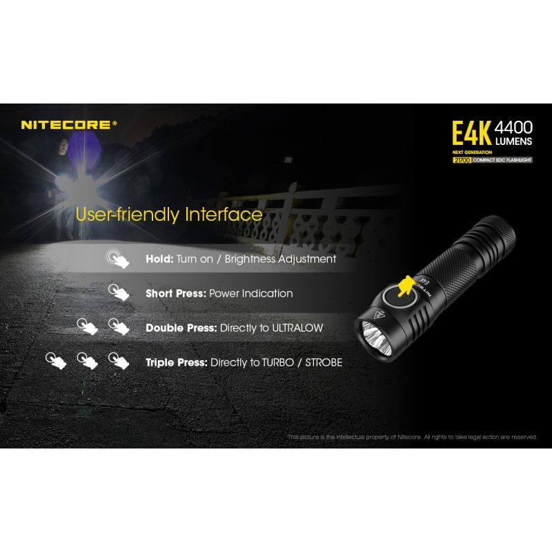 Nitecore E4K 4400 Lumens Compact EDC Flashlight Portable and Durable with Advanced Optical System