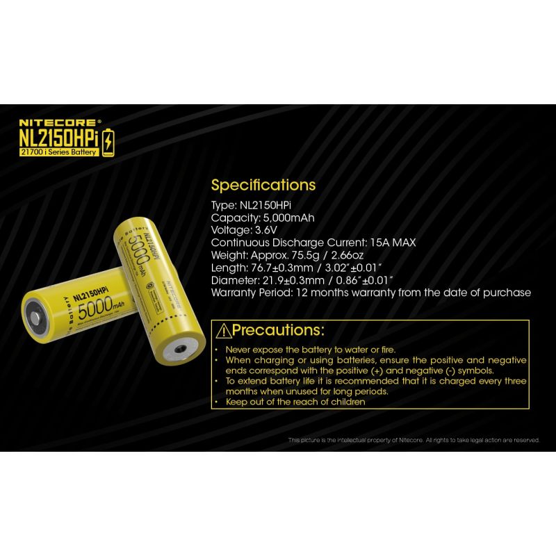 NITECORE NL2150HPi 5000mAh 21700 Li-ion Rechargeable Battery High Performance for Flashlight and Vape