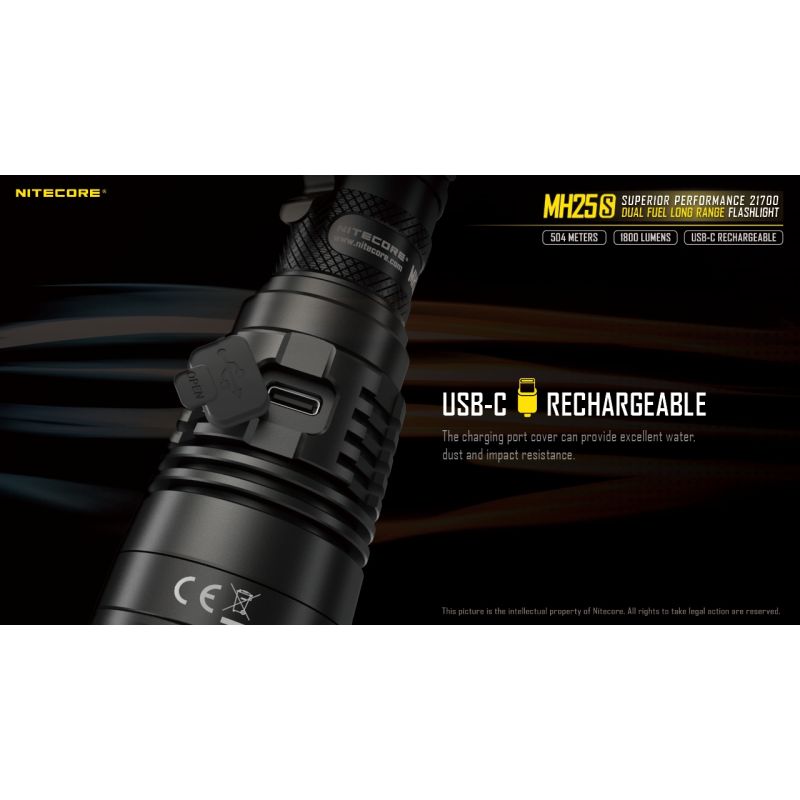 Nitecore MH25S Flashlight 1800 Lumens USB-C Rechargeable LED High Brightness for Outdoor Adventures and Repair