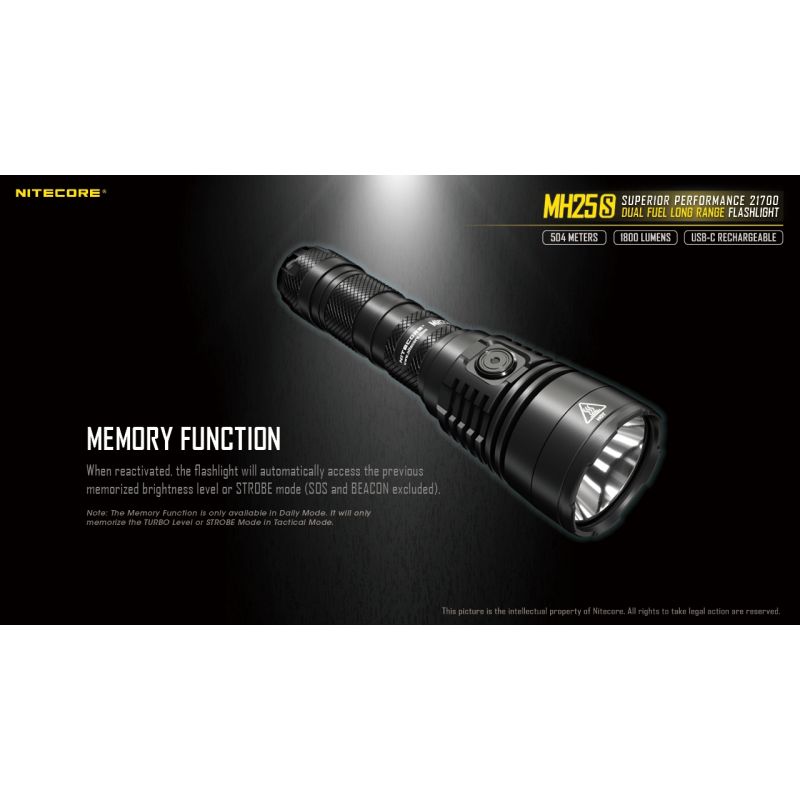 Nitecore MH25S Flashlight 1800 Lumens USB-C Rechargeable LED High Brightness for Outdoor Adventures and Repair