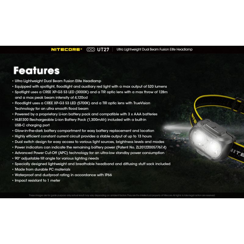 Nitecore UT27 LED Headlight 520 Lumens 2 x XP-G3 S3 Tech Rugged Design Versatile Modes for Night Adventure
