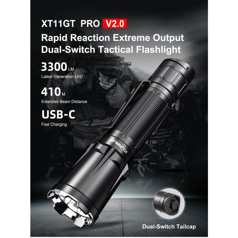 Klarus XT11GT PRO V2.0 USB-C Rechargeable Flashlight 3300 Lumens Tactical Light for Outdoor and Emergency Use