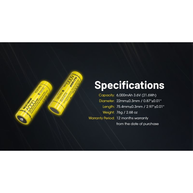NITECORE NL2160HP 6000mAh 3.6V 21700 USB-C Li-ion Rechargeable Battery High Capacity Portable Power Source