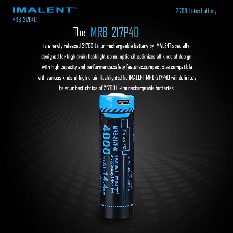 IMALENT MRB-217P40 21700 Battery 4000mAh Type-C Rechargeable High Capacity for Flashlights and Gadgets