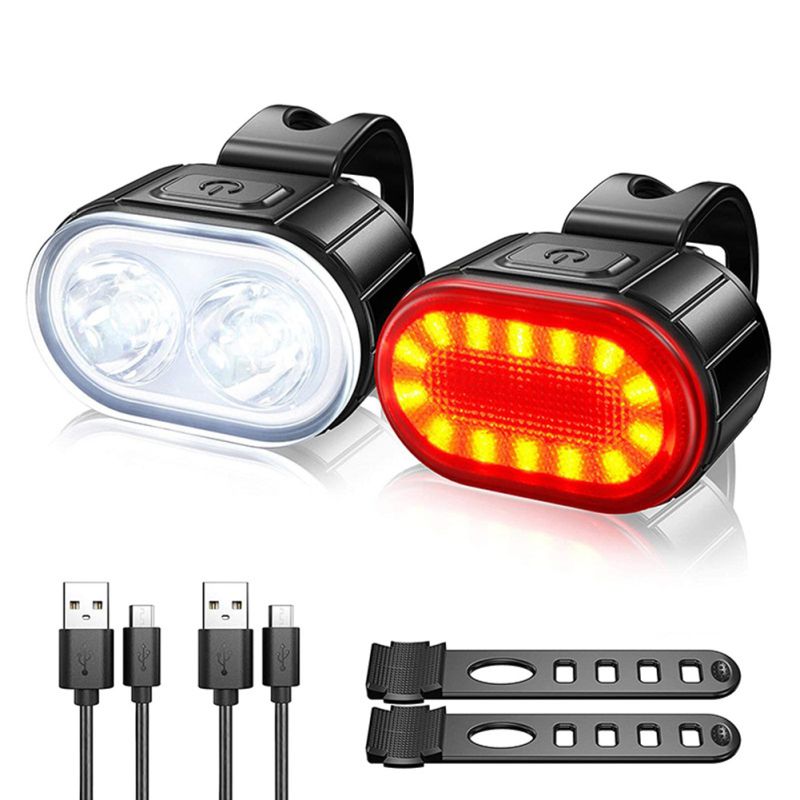 USB Rechargeable Bike Light Set Waterproof LED Urban Cycling Visibility Lightweight Front Light and Red Taillight
