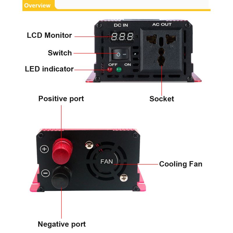 Pure Sine Wave Inverter 3000W 2200W 1600W 1000W Durable Aluminum-Magnesium Design High Efficiency Camping Power