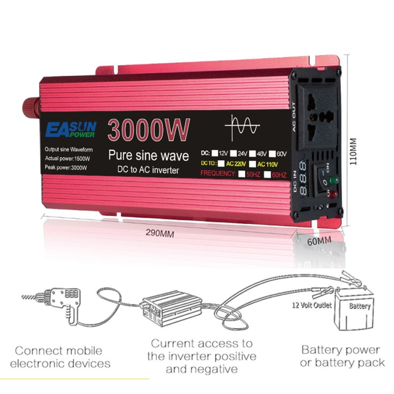 Pure Sine Wave Inverter 3000W 2200W 1600W 1000W Durable Aluminum-Magnesium Design High Efficiency Camping Power