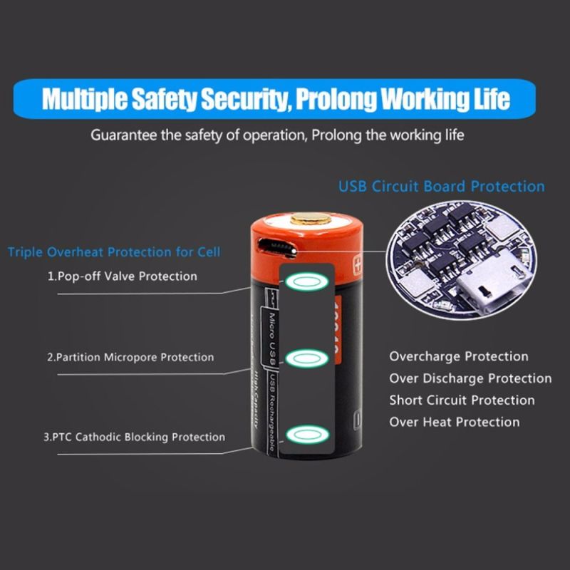 16340 650mAh 3.7V Micro USB Rechargeable Li-ion Battery Eco-Friendly Long-Lasting for Flashlights and Gear