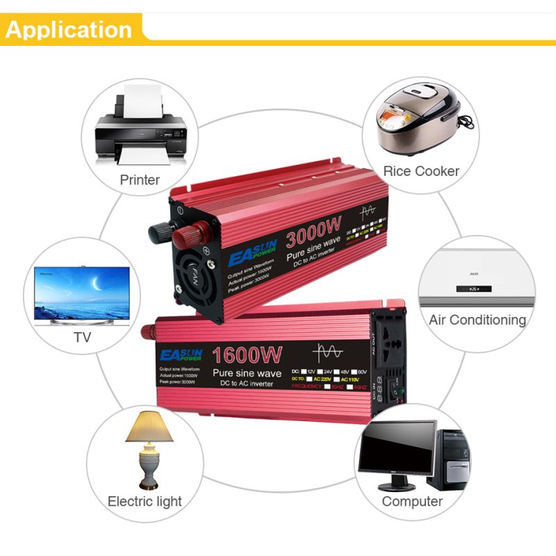 Pure Sine Wave Inverter 3000W 2200W 1600W 1000W Durable Aluminum-Magnesium Design High Efficiency Camping Power