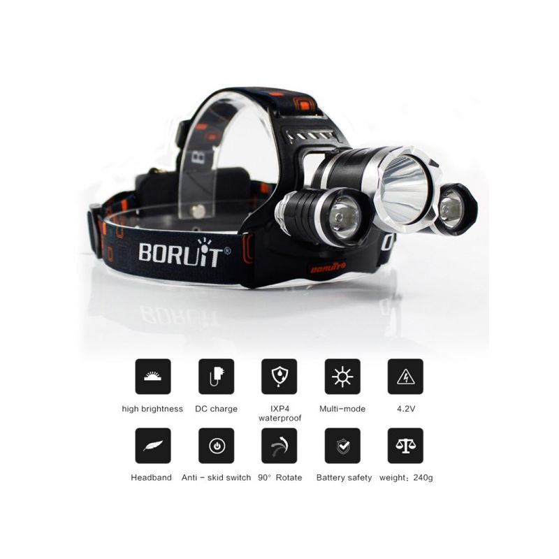 Boruit RJ-3000 LED Headlamp 1000 Lumens Brightness T6 White Light Waterproof for Outdoor Adventure Gear