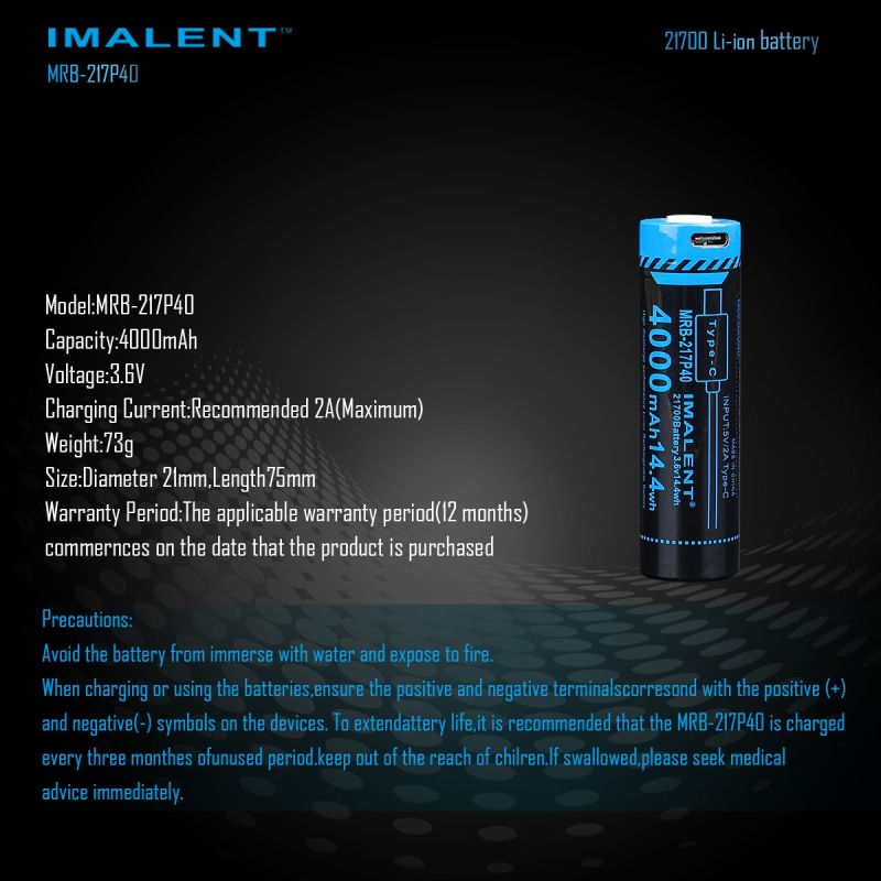 IMALENT MRB-217P40 21700 Battery 4000mAh Type-C Rechargeable High Capacity for Flashlights and Gadgets