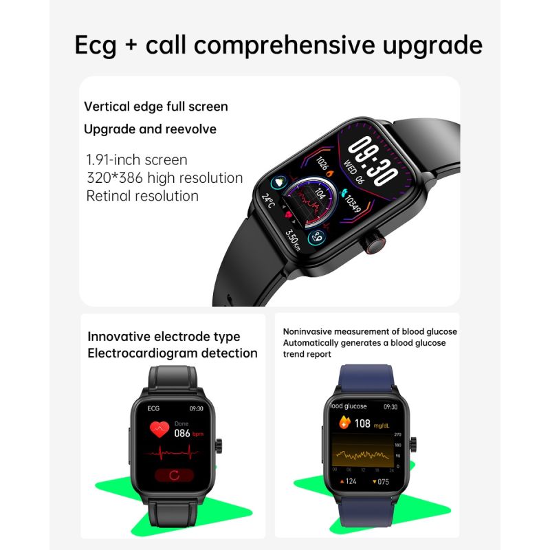 ET540 Blood glucose ECG Body temperature Blood pressure Blood oxygen Heart rate Bluetooth call Smartwatch Fitness Tracker
