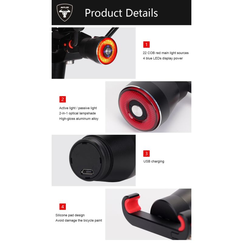ANTUSI Q5 Smart Bicycle Taillight Brake Sensing LED Cycling Light IPx6 Waterproof Perfect for City Commuting