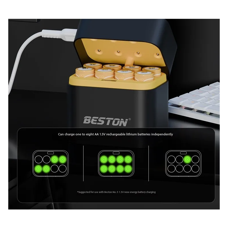 Beston Smart Battery Charger 8 Slots AA with 3600mWh 1.5V Rechargeable Lithium Battery Fast Charging Battery Charger Set