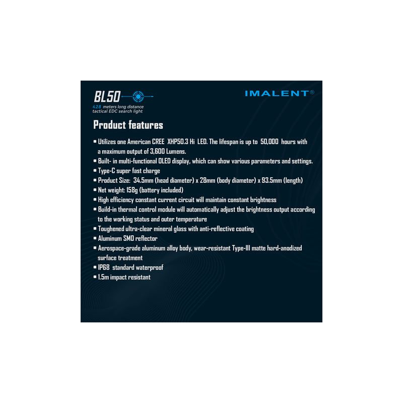 IMALENT BL50 3600 Lumens EDC Flashlight Compact Type-C Rechargeable with OLED Display for Outdoor Adventures