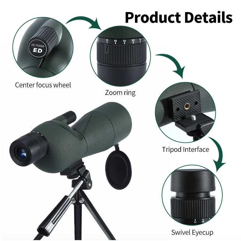 25-75x60 Zoom Spotting Scope ED Lens Powerful Monocular Bak4 Prism Telescope For Outdoor Camping Bird Watching