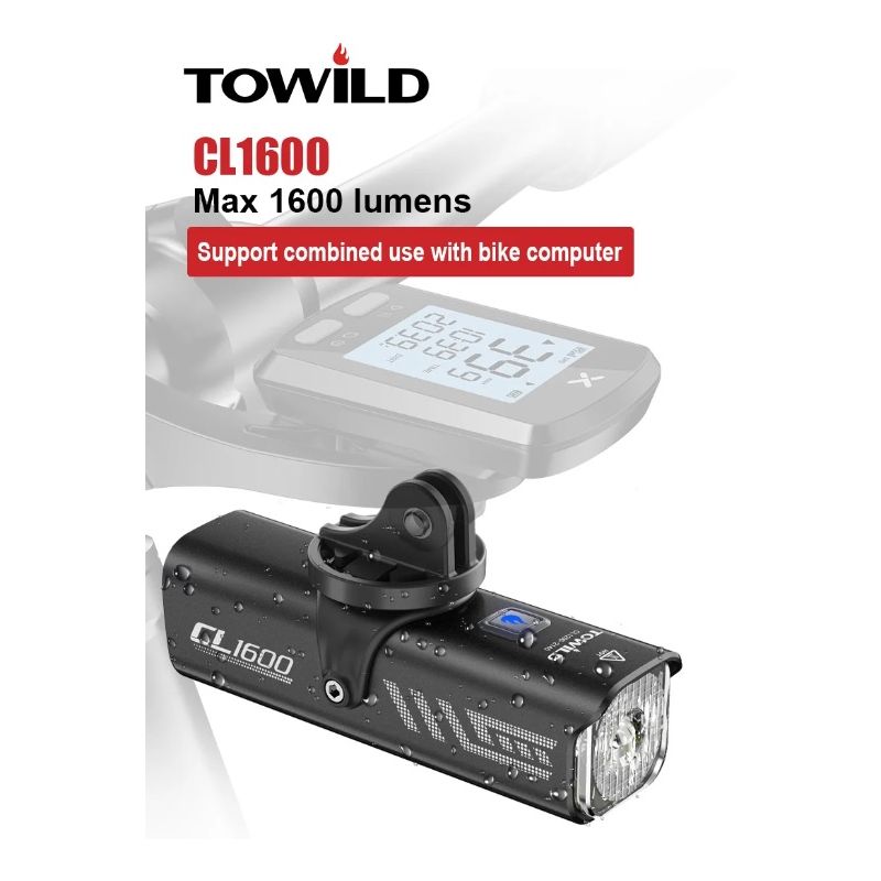 TOWILD CL1600 USB Rechargeable 1600LM Bike Light LED Front Lamp with Adjustable Brightness for Night Riding