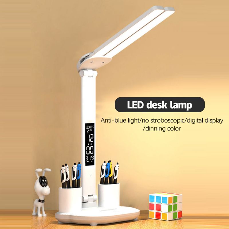 LED Desk Lamp with Pen Holder Built-in Calendar Adjustable Brightness Eye Protection for Home Office