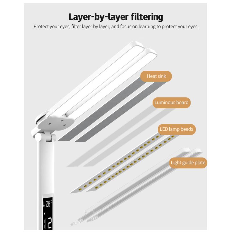 LED Desk Lamp with Pen Holder Built-in Calendar Adjustable Brightness Eye Protection for Home Office