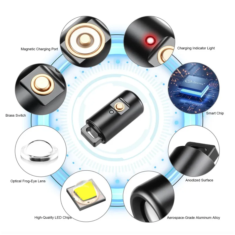 Mini Flashlight LED Rechargeable Camping Hiking Keychain Light with Necklace