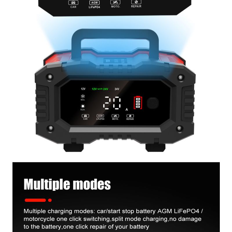 FOXSUR 20A Portable Car Battery Charger 12V 24V for Motorcycle Truck AGM LiFePO4 Lead Acid Battery Maintenance