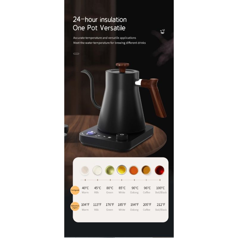 Electric Gooseneck Kettle Real-Time Temperature Control 1200-Watt Quick Heating Safe Design Precision Pouring