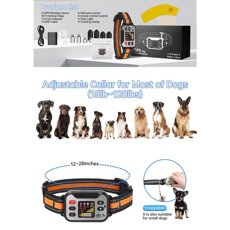 Wireless Dog Fence Collar, GPS Pet Containment System, Rechargeable Dog Bark Collar , Waterproof Anti Barking Trainer, for Dogs 15-120 lbs