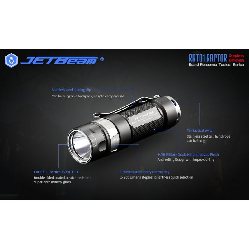 JETBeam JET-RRT01 XP-L 950 Lumen LED EDC Flashlight Durable Outdoor Lighting for Camping Hiking