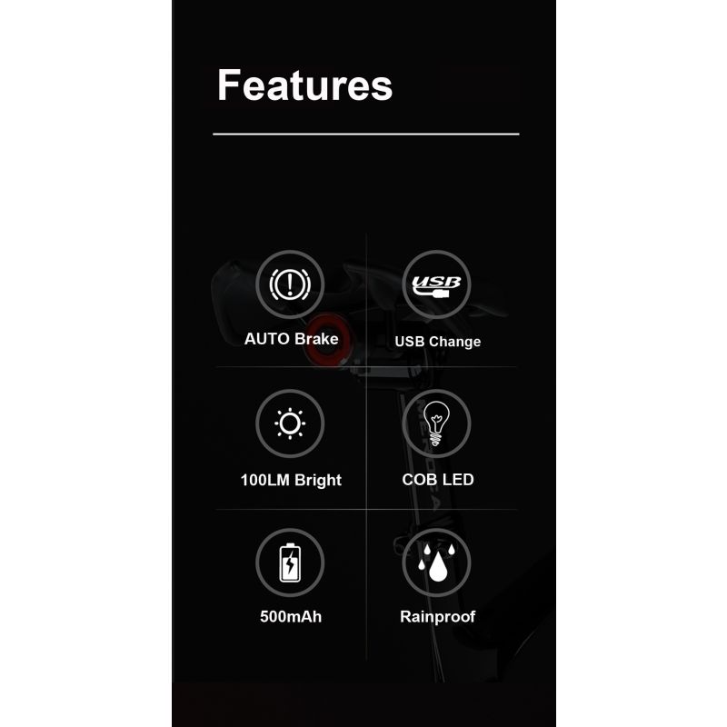 Smart Bicycle Tail Light with Auto Start Stop Brake Light USB Charge IPX6 Waterproof Cycling Safety Light