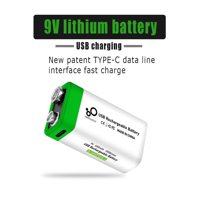 9V 6F22 650mAh USB Rechargeable Battery Eco-Friendly Li-ion Power for Toys Microphone Multimeter and More