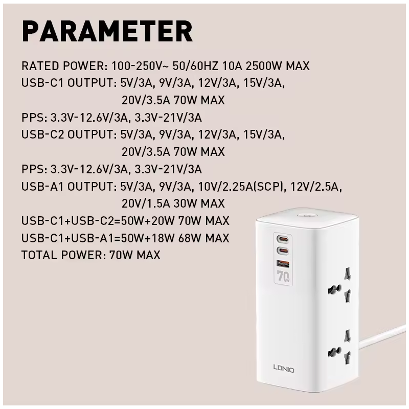 LDNIO Tower Multi Tap Cube Power Strip Outlets 70W Charging Stations 4 Outlet Line Filter UK US EU Type Plug To Universal Adapter