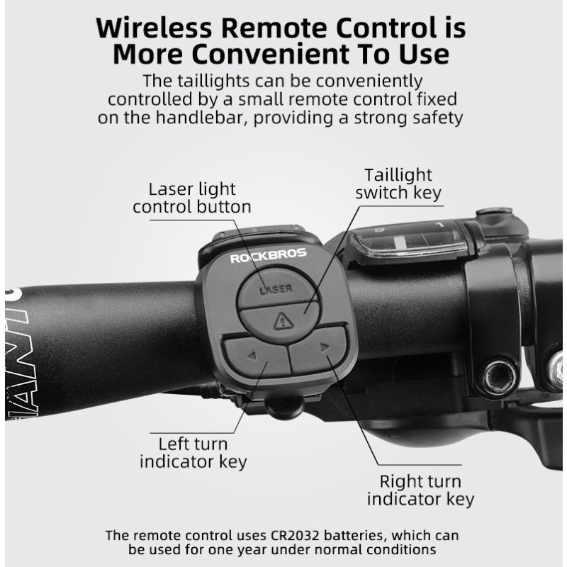 ROCKBROS LKWD-R1 Bike Light Smart USB LED with Wireless Remote Turn Signal Laser Projector for Cycling Safety