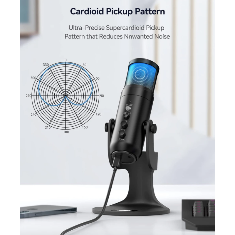 MU900PRO RGB USB Microphone for Streaming with Dynamic RGB Lighting and Cardioid Pickup Pattern for High Sound Quality