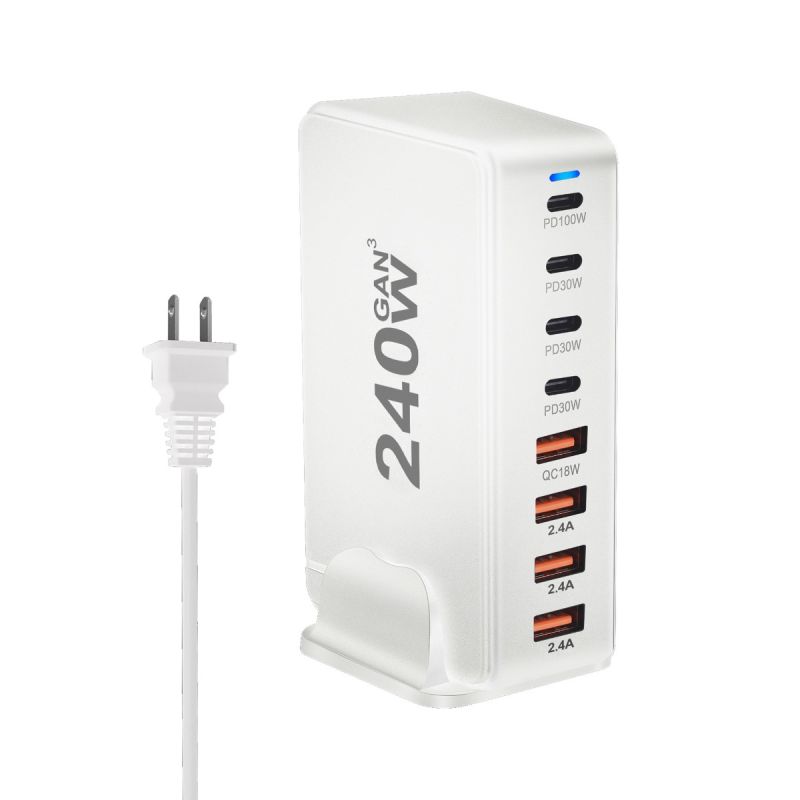 240W Desktop GaN Charger 8-port USB Type C PD Fast Charge Mobile Charger Smart Technology Multi-Device Hub