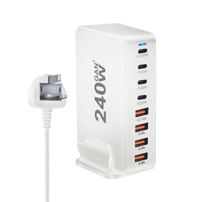240W Desktop GaN Charger 8-port USB Type C PD Fast Charge Mobile Charger Smart Technology Multi-Device Hub