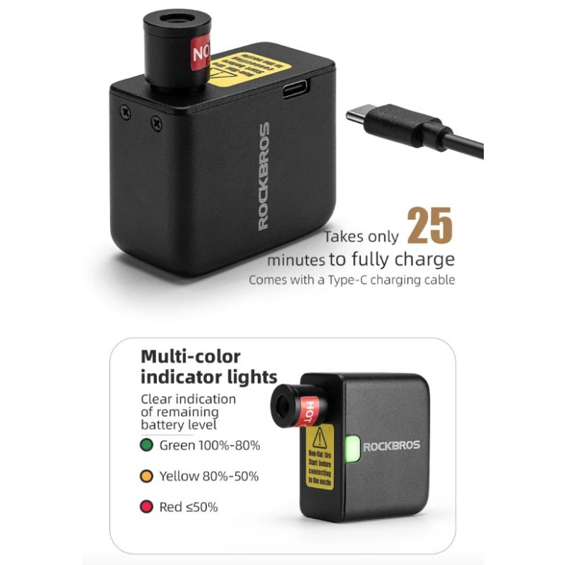 ROCKBROS Portable Mini Electric Air Pump 100PSI Rechargeable Durable Bike Motorcycle Car Tire Inflator