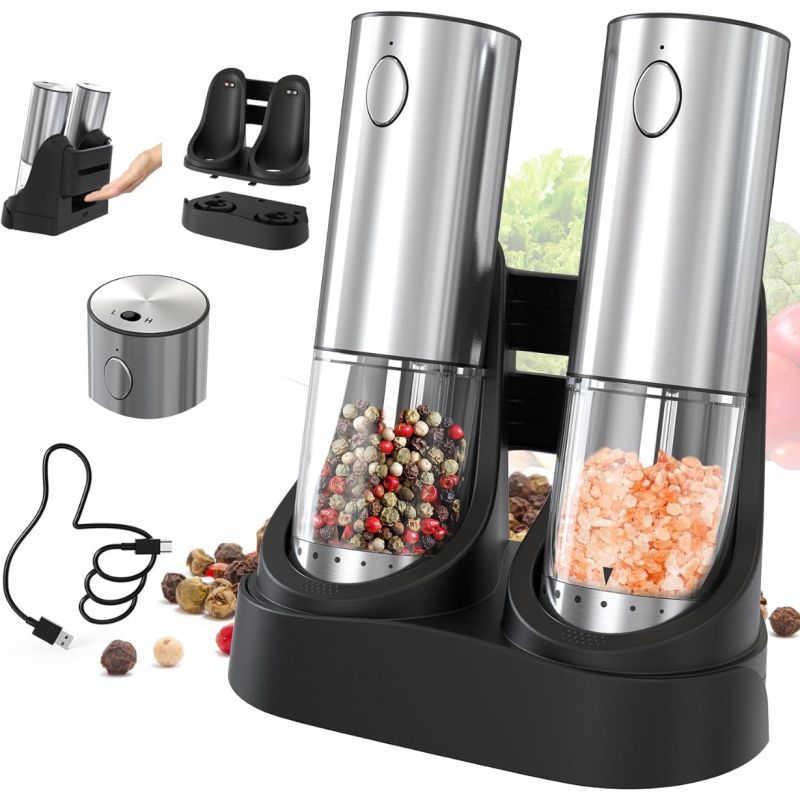 2-Speed Electric Salt and Pepper Grinder Set Rechargeable Stainless Steel Pepper Mills with Charging Base, 190ML Spice Mill Kitchen Tools