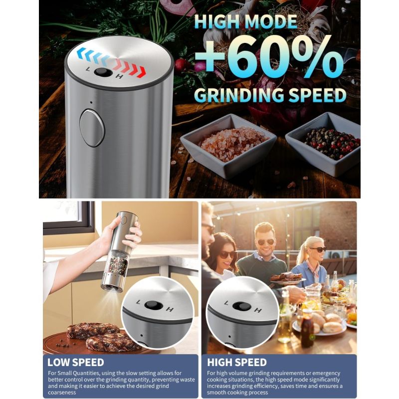 2-Speed Electric Salt and Pepper Grinder Set Rechargeable Stainless Steel Pepper Mills with Charging Base, 190ML Spice Mill Kitchen Tools
