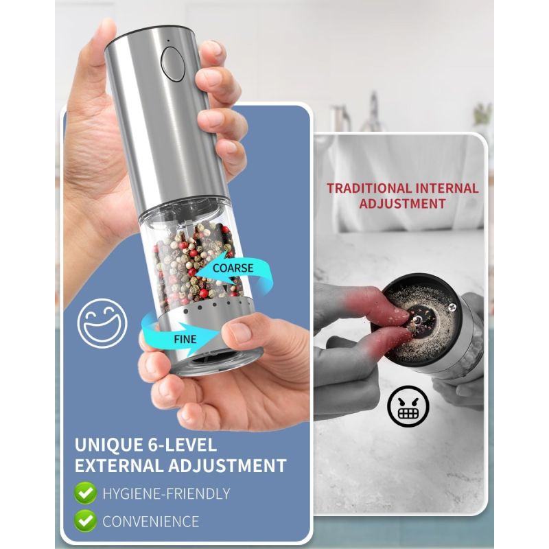 2-Speed Electric Salt and Pepper Grinder Set Rechargeable Stainless Steel Pepper Mills with Charging Base, 190ML Spice Mill Kitchen Tools