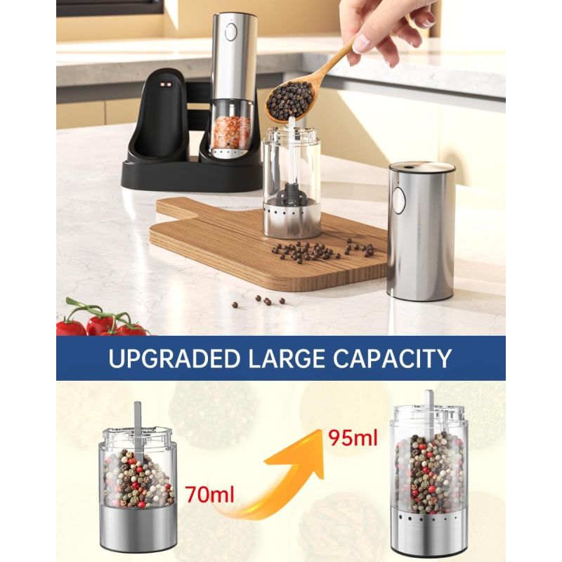 2-Speed Electric Salt and Pepper Grinder Set Rechargeable Stainless Steel Pepper Mills with Charging Base, 190ML Spice Mill Kitchen Tools