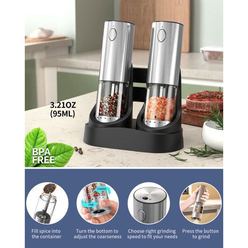 2-Speed Electric Salt and Pepper Grinder Set Rechargeable Stainless Steel Pepper Mills with Charging Base, 190ML Spice Mill Kitchen Tools