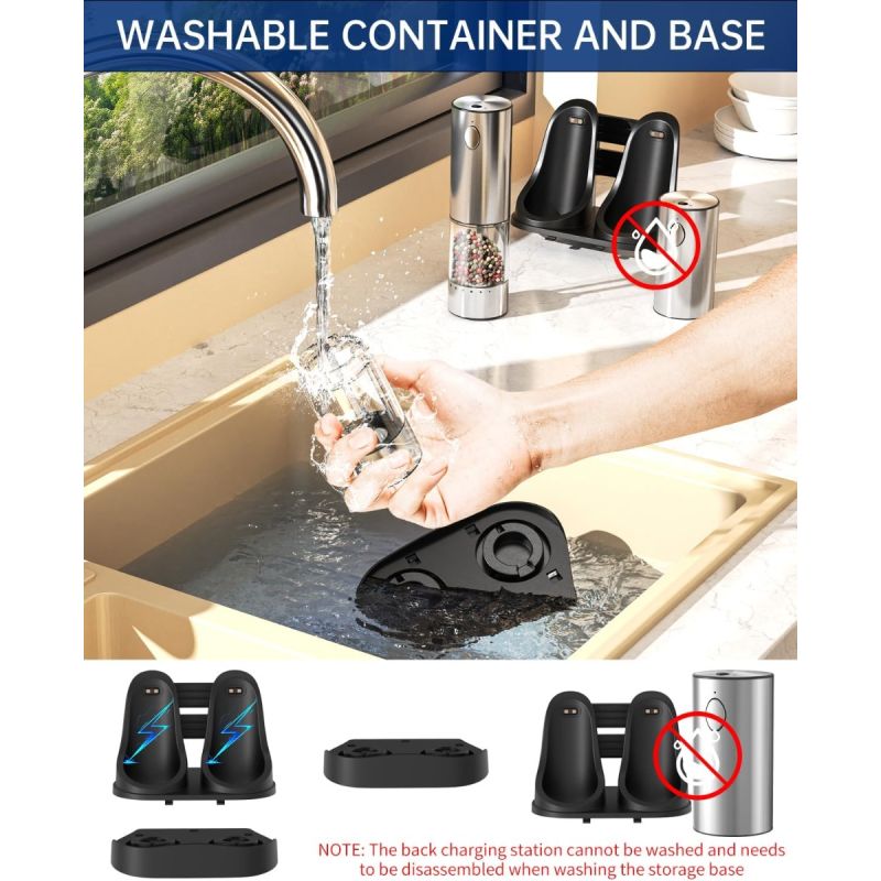 2-Speed Electric Salt and Pepper Grinder Set Rechargeable Stainless Steel Pepper Mills with Charging Base, 190ML Spice Mill Kitchen Tools