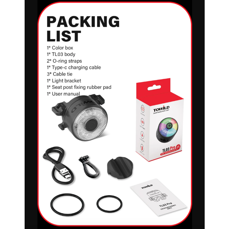 TOWILD TL03Pro LED Bicycle Rear Light Smart Brake Sensor Seven-Color Flash Durable Bike Accessory