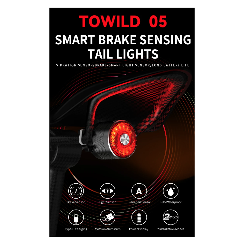 TOWILD TL05 Rear Light Smart Auto Brake Sensing IPX6 Waterproof Bicycle Safety Light with 100 Hour Battery